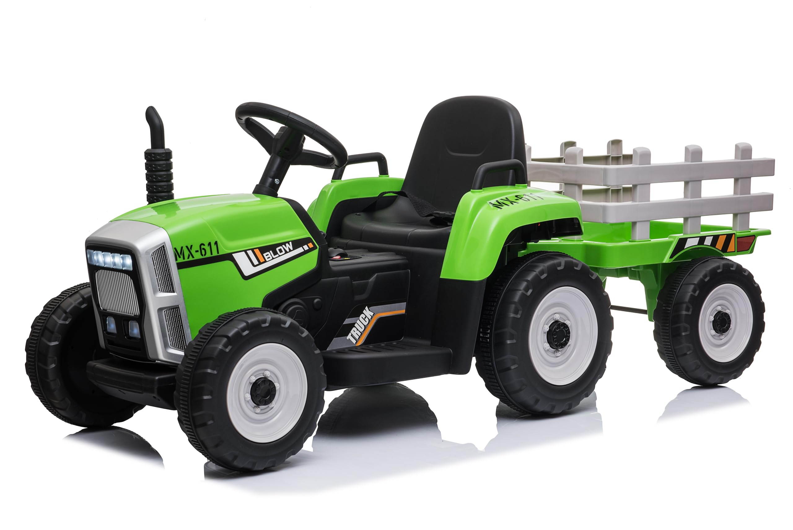 Jouet 12V Tracteur électrique Enfant FINOOS 12V Avec Remorque - Télécommande 2,4G, Lumière, Musique (Bleu) Jouet Tracteur Avec Remorque