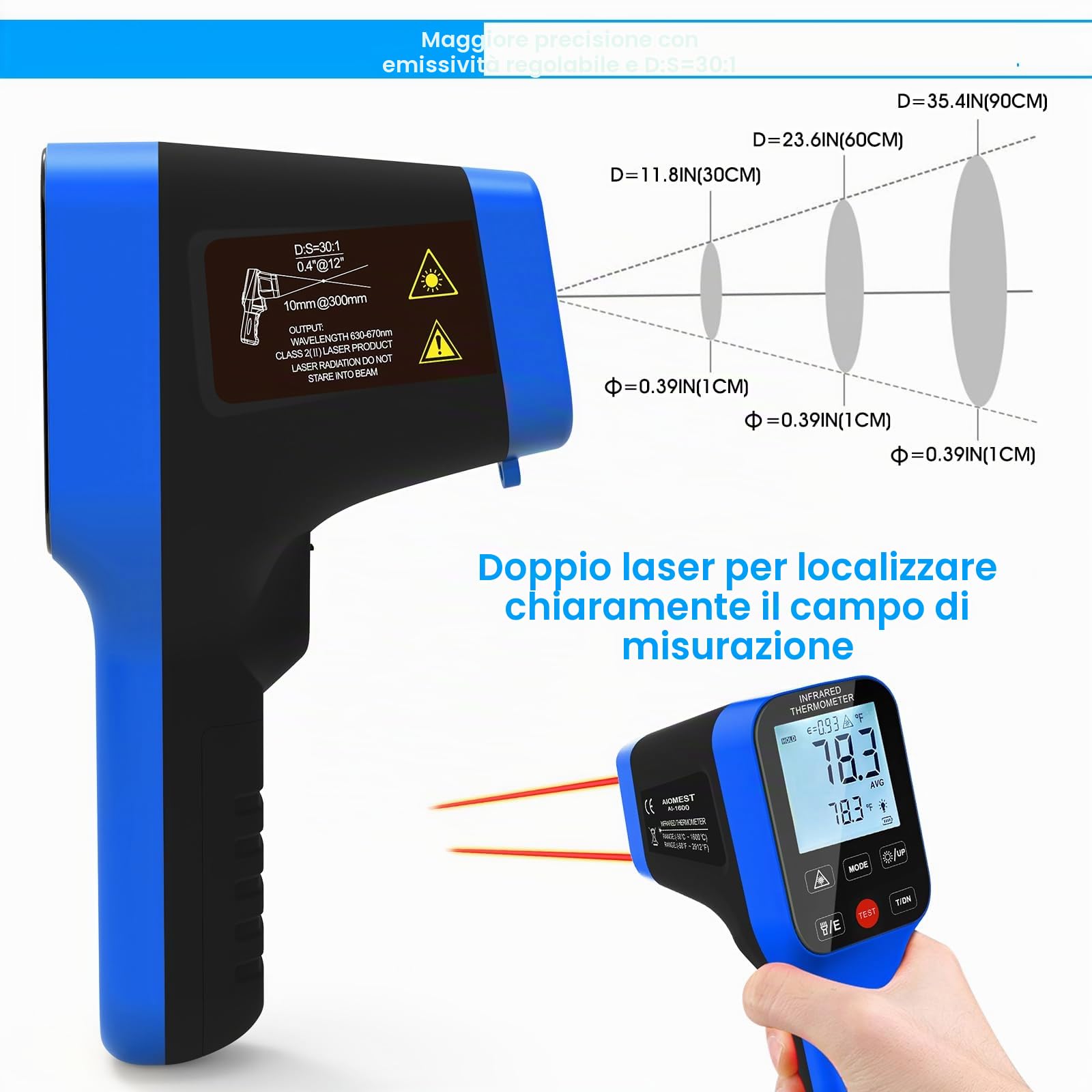 AIOMEST -50℃~1600℃ Termometro a Infrarossi Termometro D:S=30:1 Doppio Misuratore di Temperatura IR Industriale a Laser, Termómetro Ricaricabile AI-1600 (NON per la temperatura umana)