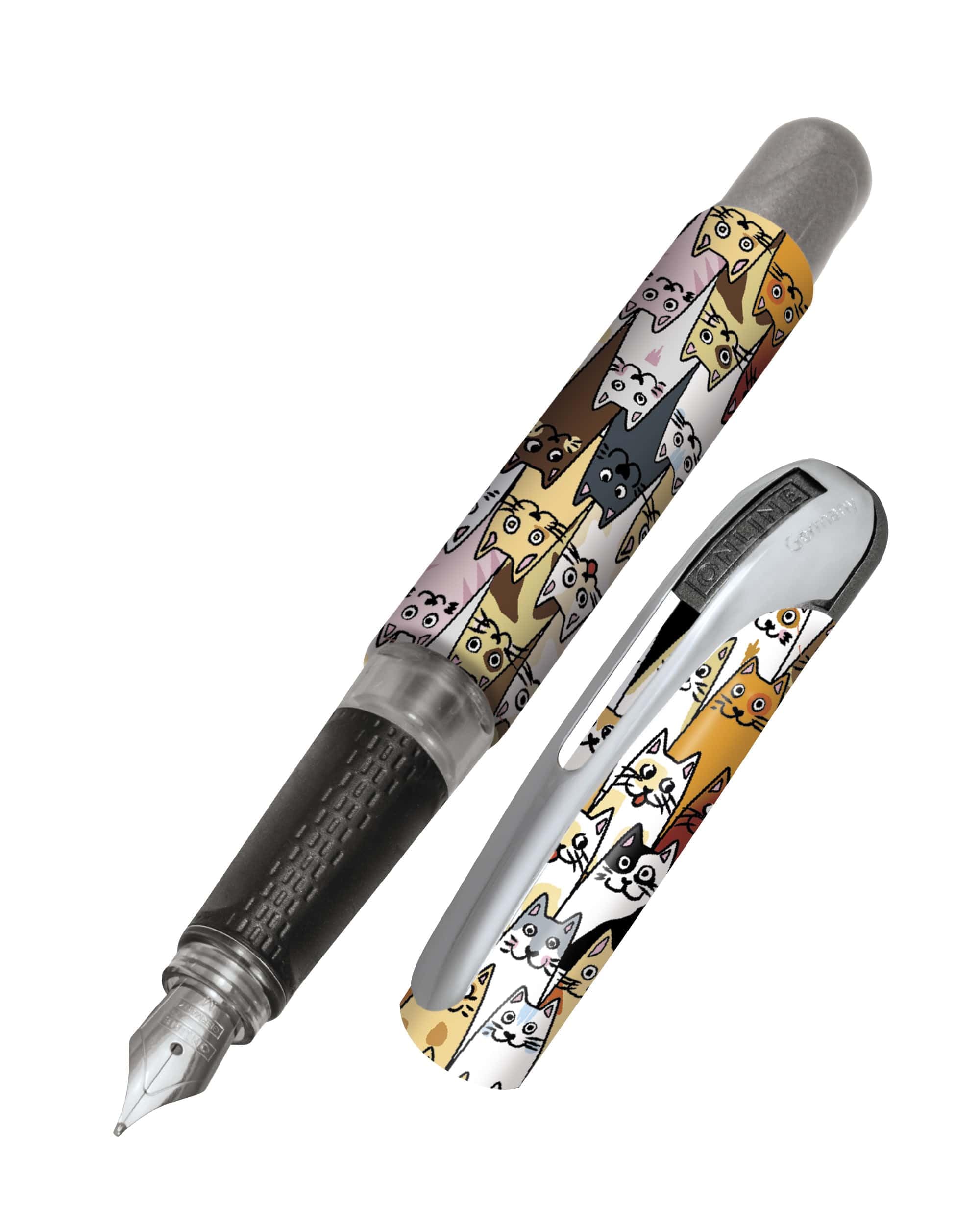 Online fountain pen College Fluffy Cats, ink fountain pen for right-handers, ergonomic grip, iridium nib medium