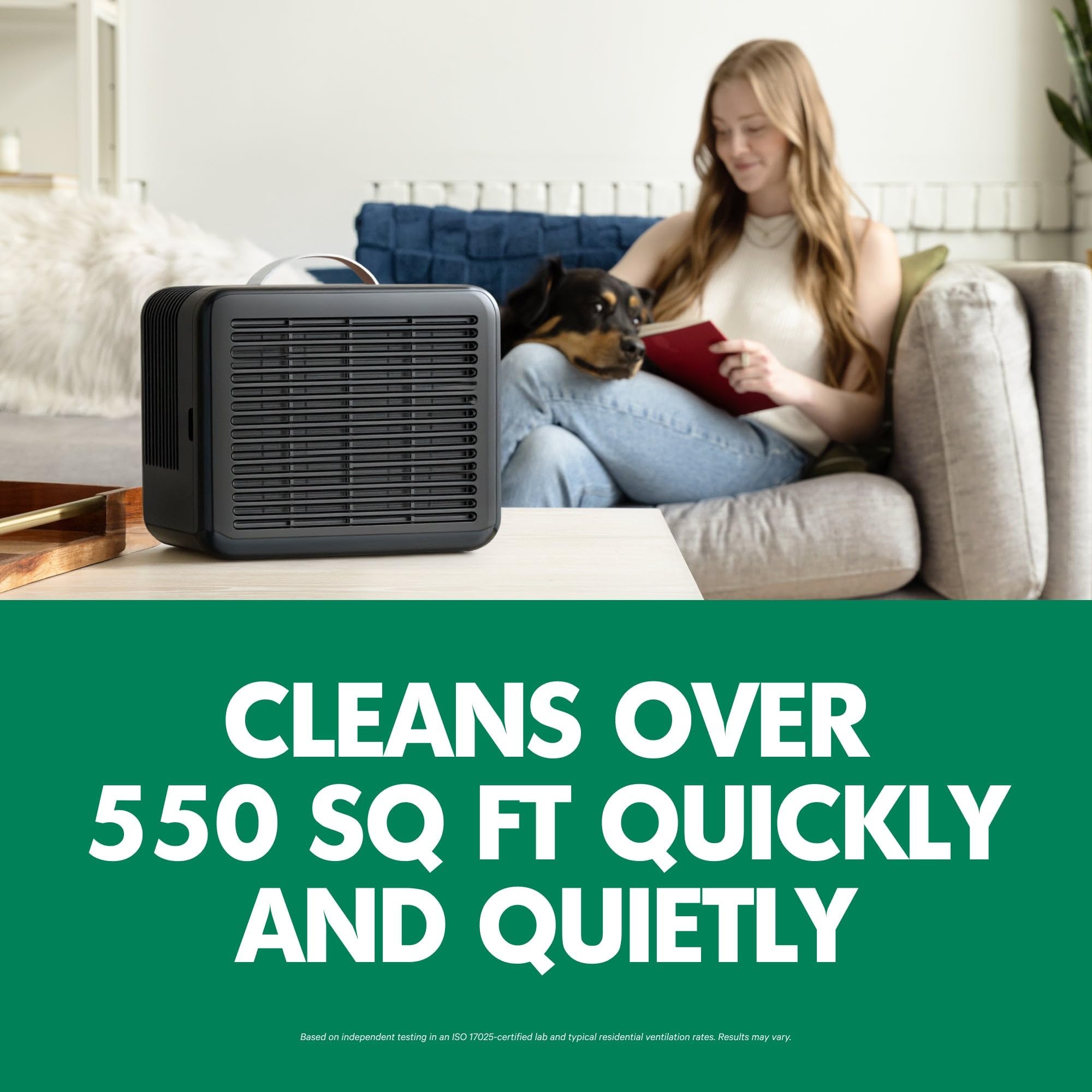 The PuroAir 100i air purifier is presented with its compact design and integrated carrying handle.