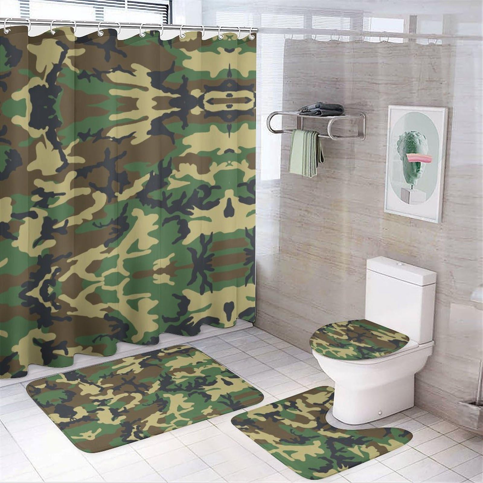 JZemdybill Bathroom Mat Set 4 Piece, Camouflage Pattern Shower Curtain with Non-Slip Bath Mats for Bathroom