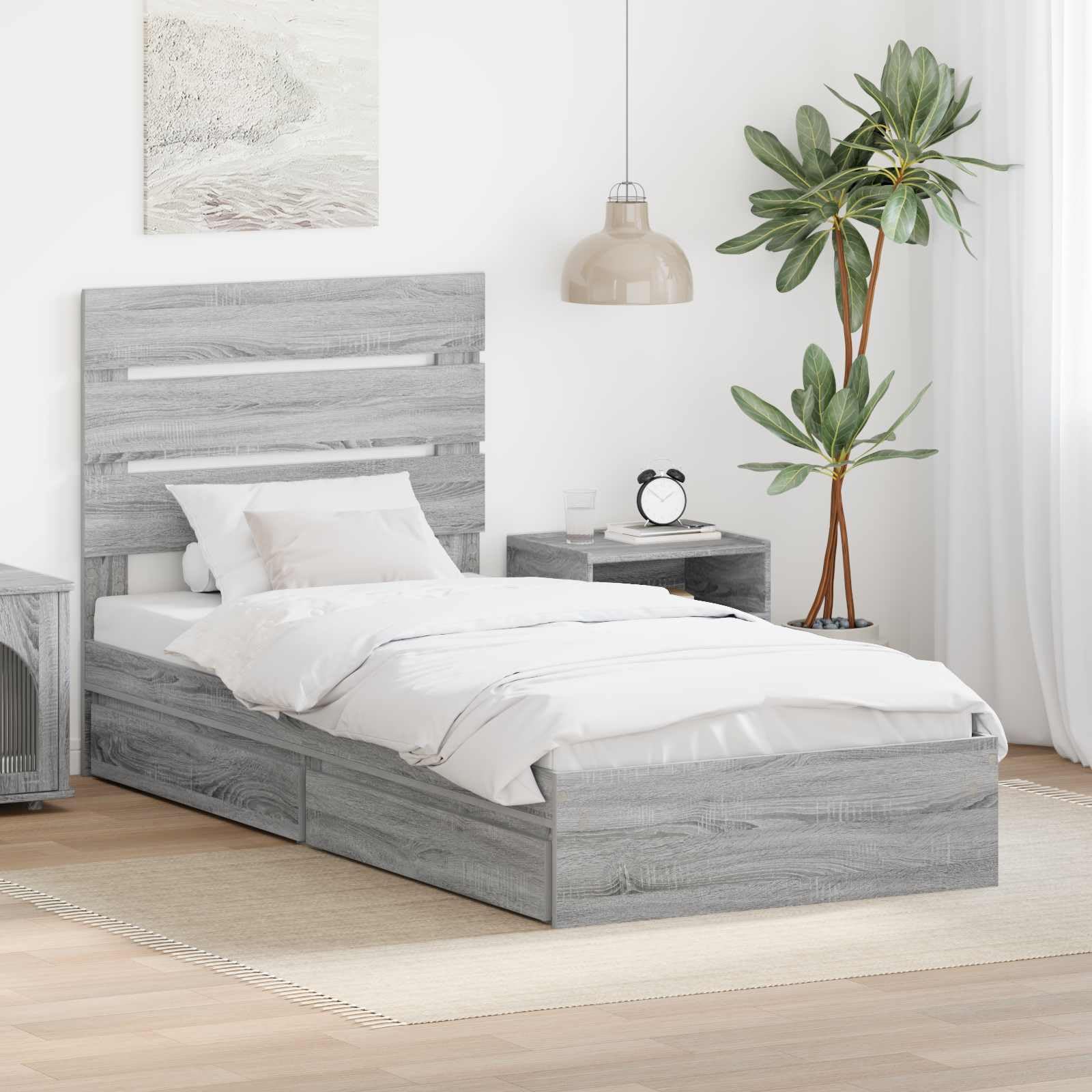 vidaXL Storage Bed Grey Sonoma 100 x 200 cm Engineered Wood, Bedroom, Modern, Ample Storage, Durable, Water-Resistant Finish, Stylish Dcor to Enhance Your Living Space with Comfort