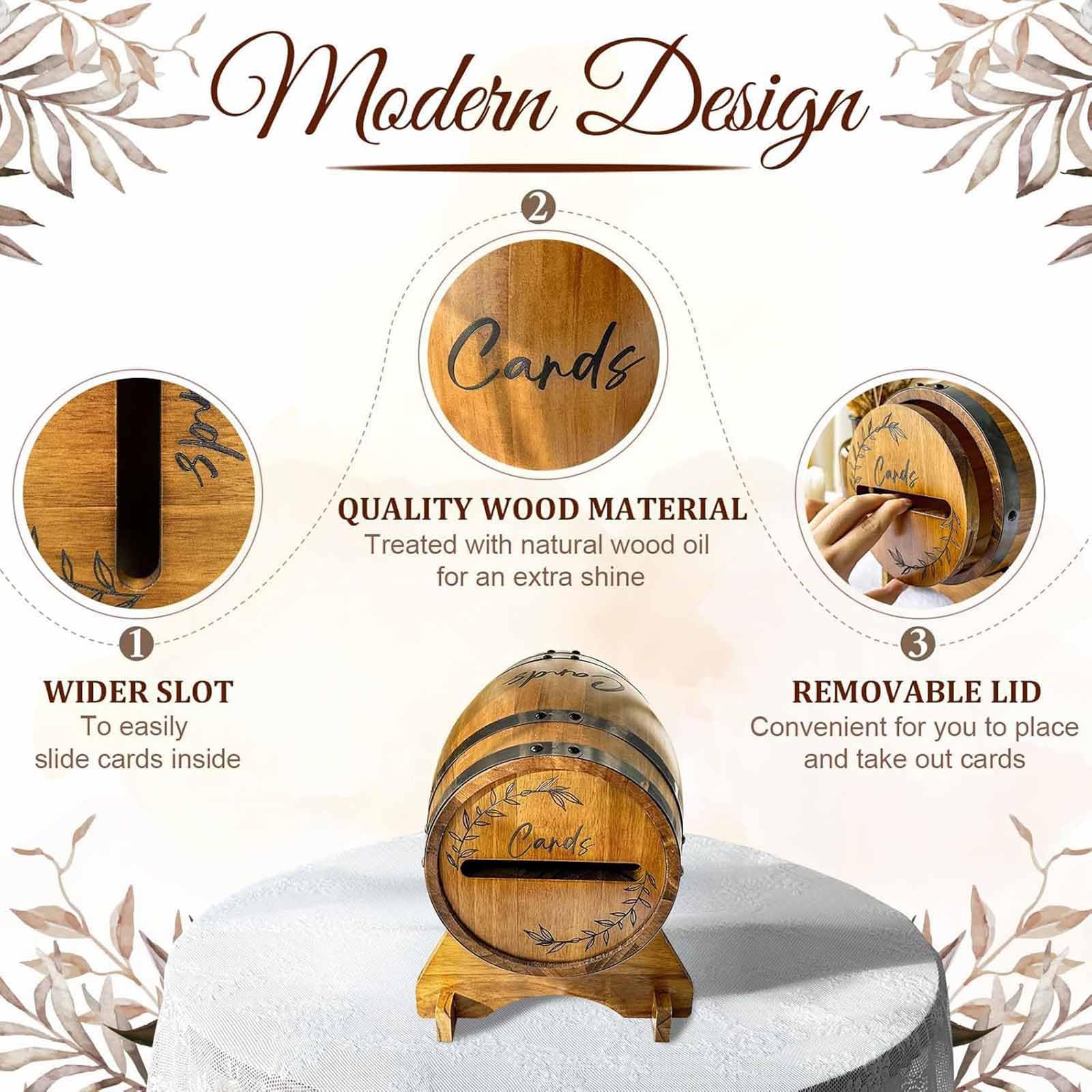 Boîte à Cartes de Mariage en Bois, Urne Mariage Boîte à Enveloppe de Cartes avec Fente et Support, Boîte de Rangement pour Cartes de Mariage en Forme de Baril de Whisky, pour Fête, Anniversair