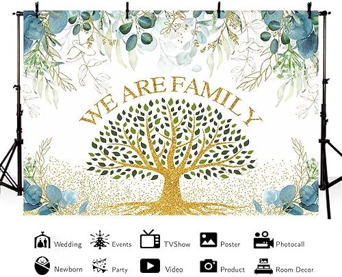 Miniatura 8 de MEHOFOND Telón de fondo de reunión familiar de 7 x 5 pies, hojas de eucalipto verdes, fondo de fotografía familiar, árbol dorado, hojas verdes,