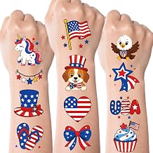 JCFIRE 4th of July Temporary Tattoos for Kids Adults, Cute Independence Day Fake Tattoos Stickers, Fourth of July Red White and Blue 4th of July Accessories for Women Girls Party Favors