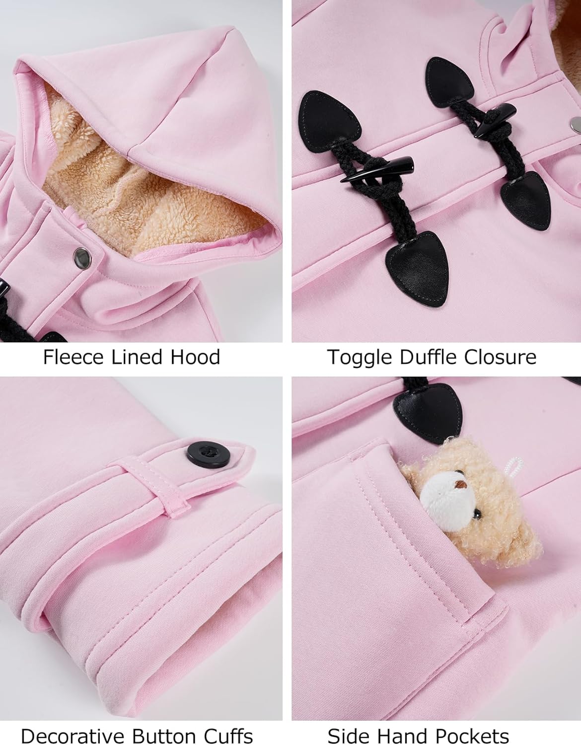 Flygo Girls Fleece Jacket Sherpa Lined Hoodie Horn Button Duffle Coat Warm Winter Coats Jackets (5-14 Years) - Image 7