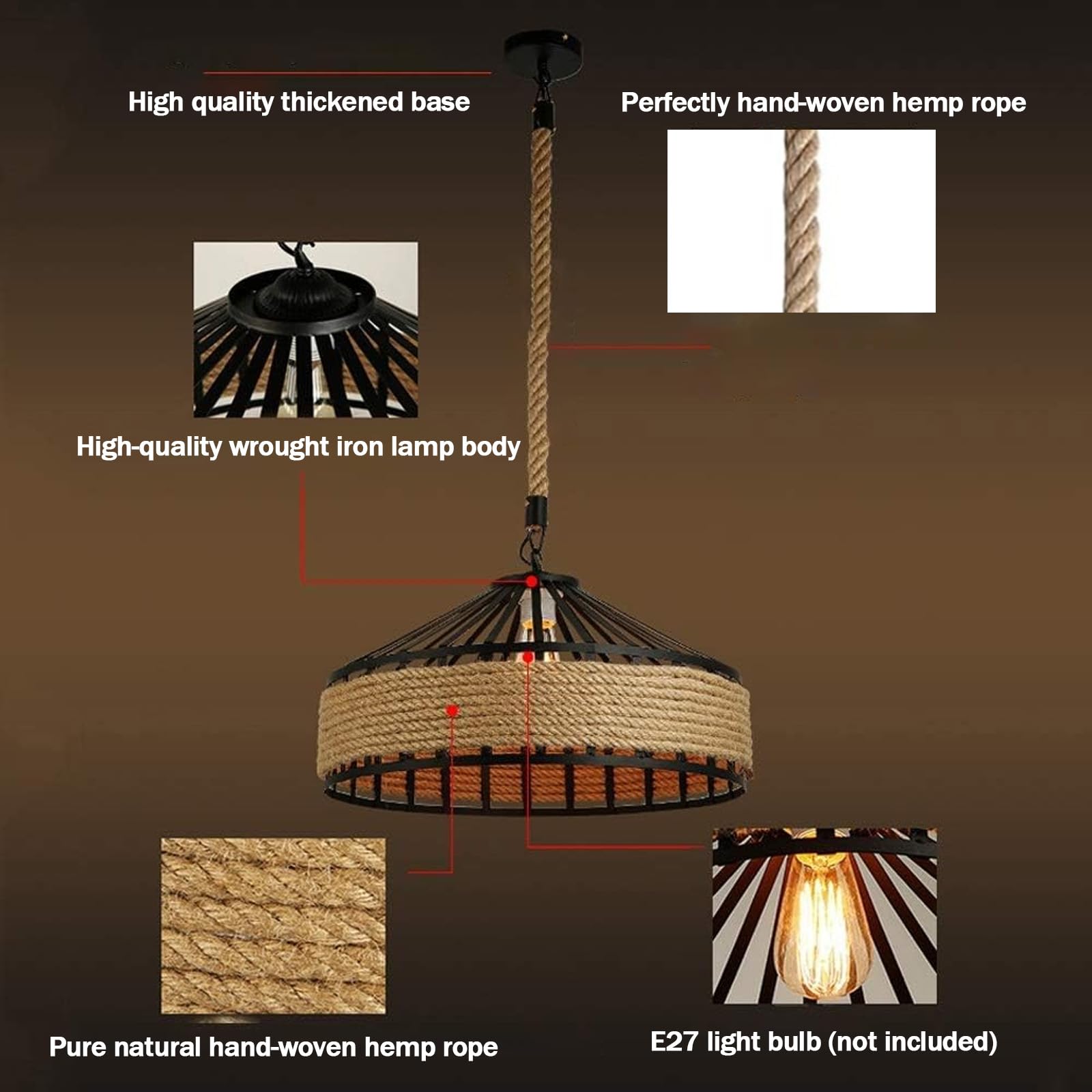 E27 Retro Esszimmer Hängelampe Kreativ Hanfseil Design Pendelleuchte Schwarz Eisen Rund Dekoration Kronleuchter (Ohne Glühbirne) für Wohnzimmer Küche Treppenhaus (60cm,B)