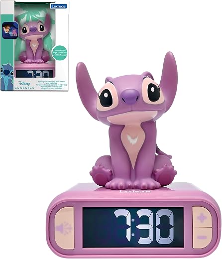 LEXi BOOK, Disney Stitch, Angel Night Light Alarm Clock, Sounds and Melodies, Backlit LCD Screen