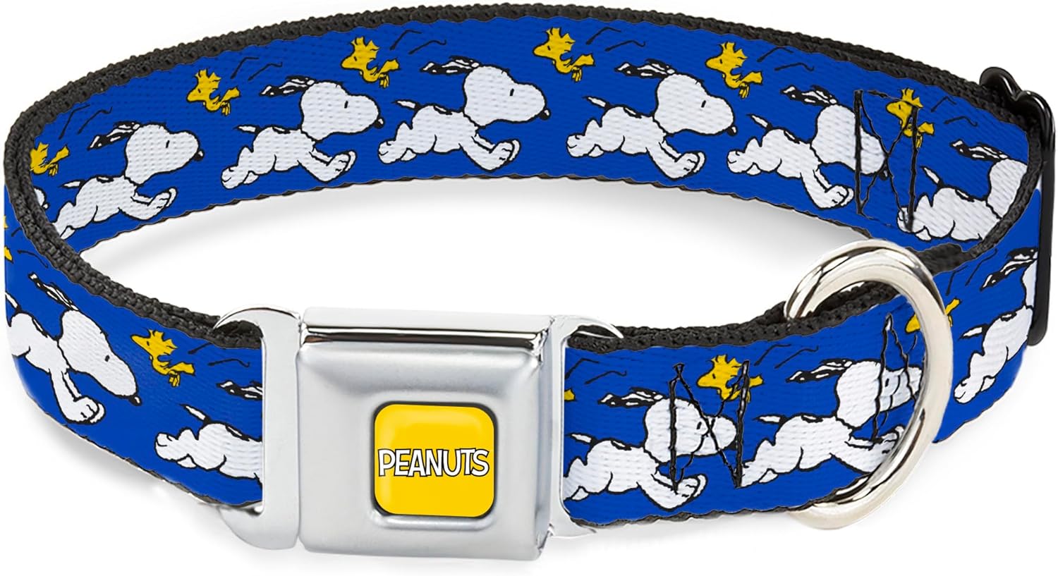 Peanuts Worldwide LLC Pet Collar, Dog Collar Metal Seatbelt Buckle, Peanuts Snoopy Running and Woodstock Pose Blue, 11 to 16.5 Inches 1.0 Inch Wide