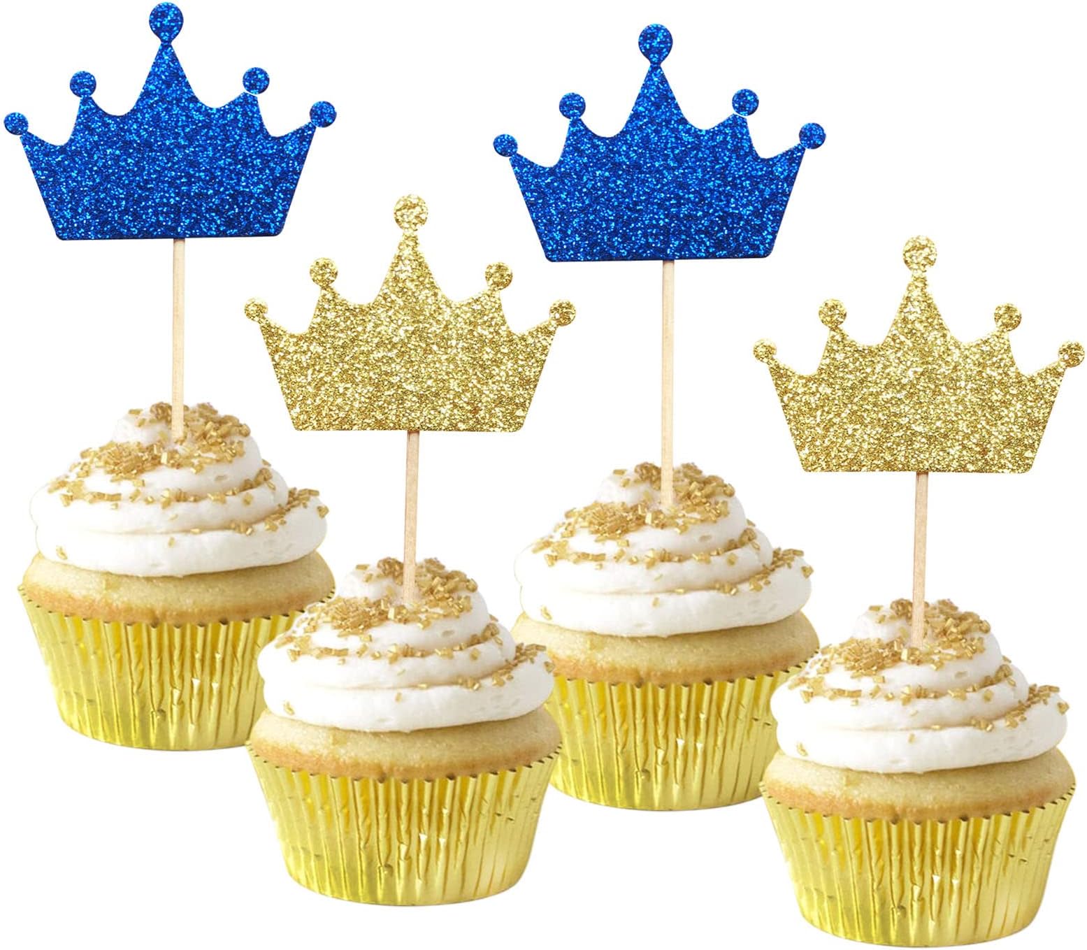 ALISSAR 36-Pack Gold and Royal Blue Crown Cupcake Toppers Picks, Royal Baby Shower Birthday Party Decorations Supplies (blue)