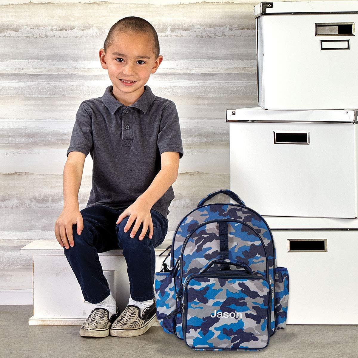 Lillian Vernon Blue Camo Personalized Backpack with Attached Lunch Bag