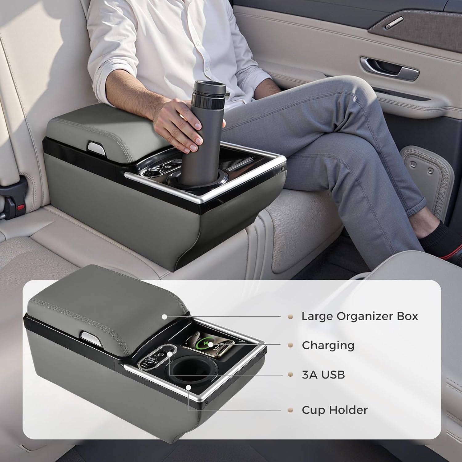 Coverado Universal Car Center Console with Wireless Charging & Cup Holder, Back Seat Organizers, Rear Bench Seat Central Armrest Box with Storage, for Most Vehicles, Easy Install, Gray