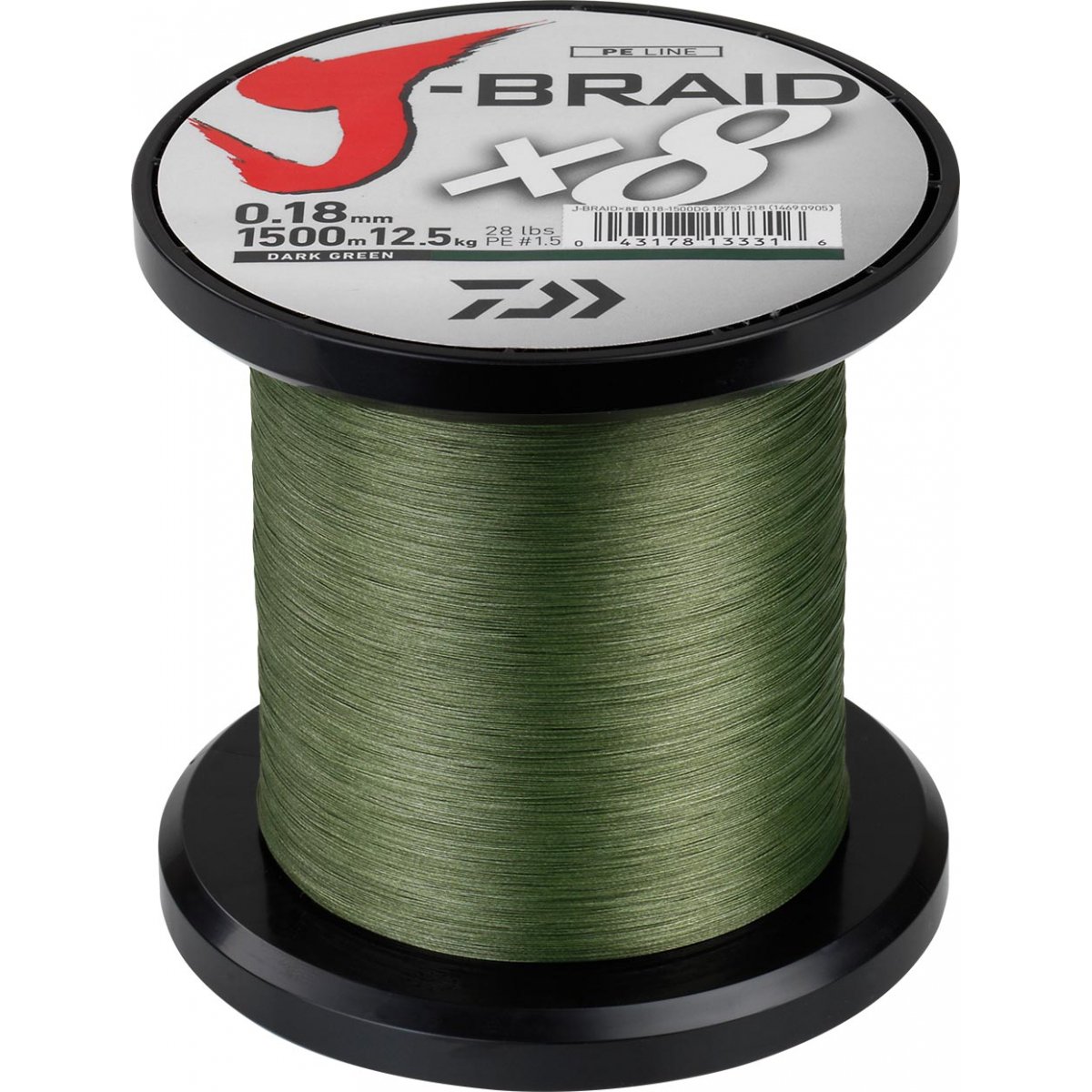 Daiwa J-Braid 8 Braid 0,35 mm, 36,0 kg/79,0 lbs, 1500 m donkergroen, ronde gevlochten vislijn