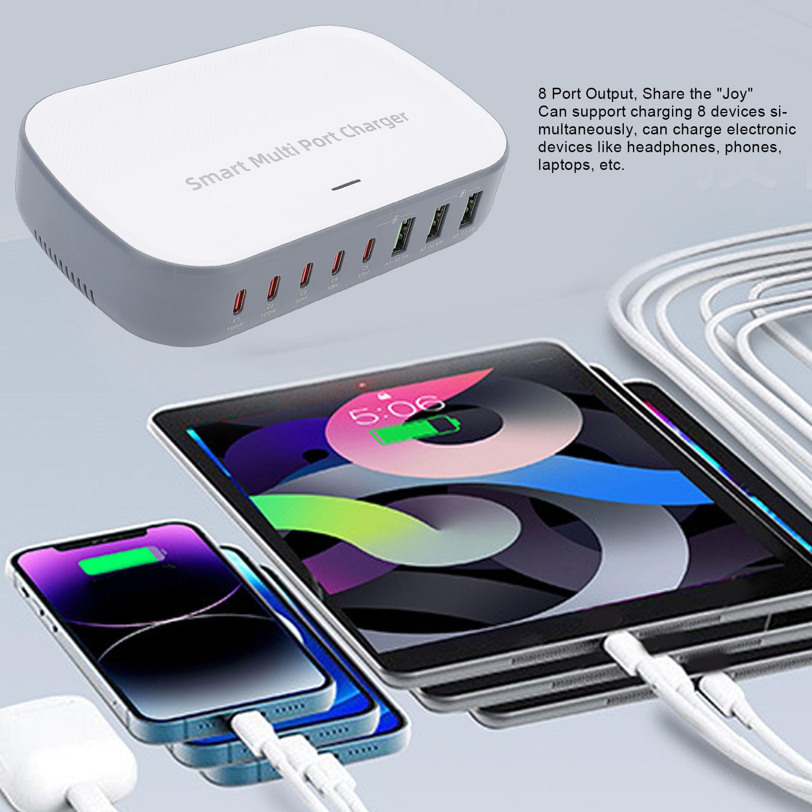 Ładowarka Biurkowa 200 W, 8-portowa Stacja Szybkiego ładowania USB z PD 100 W, Wieloportowa ładowarka USB C do Telefonu, Laptopa, Tabletu, Inteligentna Alokacja Mocy, (wtyczka UE)