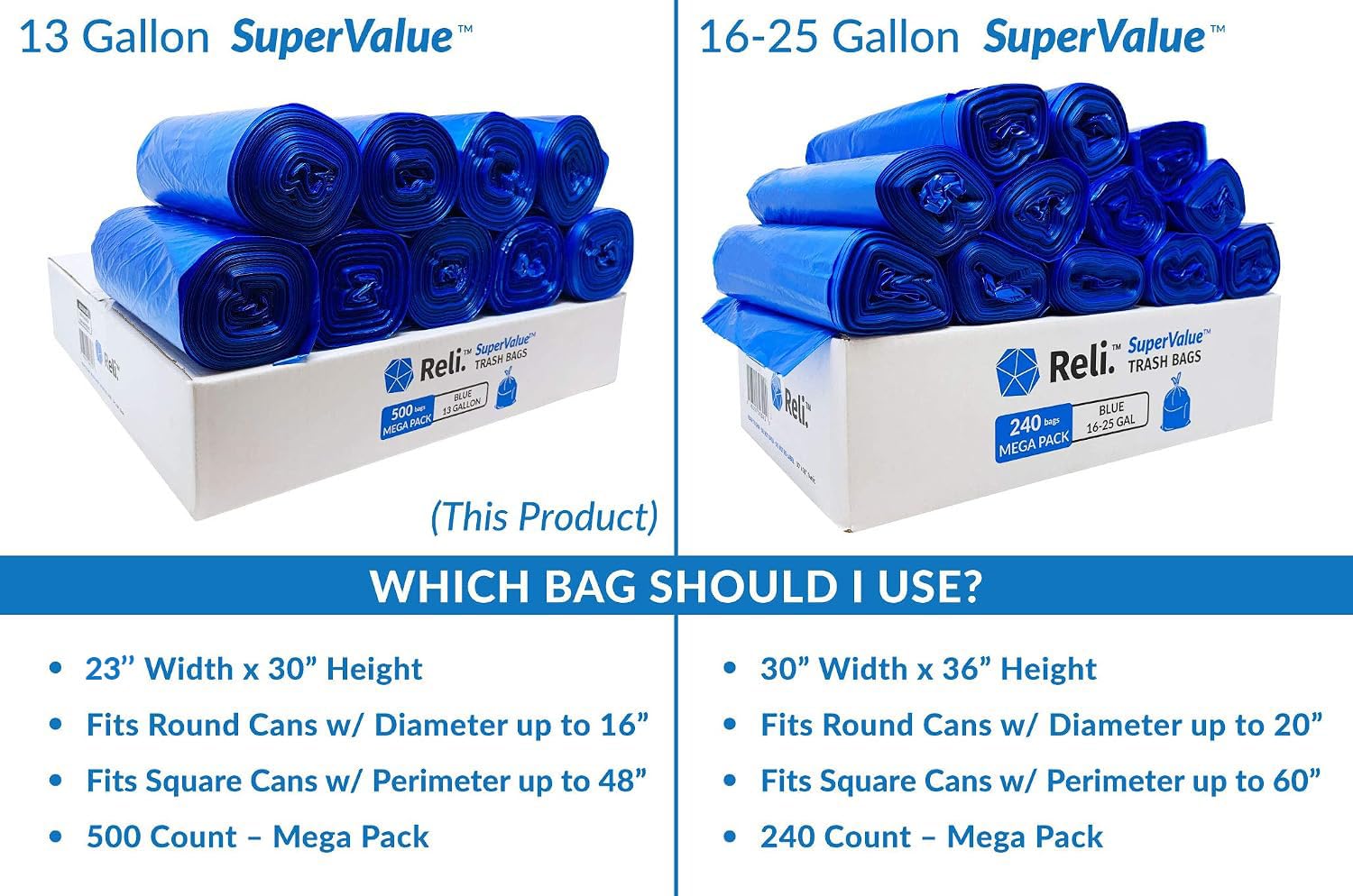 Reli. SuperValue - Bolsas de reciclaje de 13 galones (500 unidades, a granel), bolsas de basura azules de 13 galones, bolsas de basura (bolsas de basura de cocina de 13 galones a granel), color azul