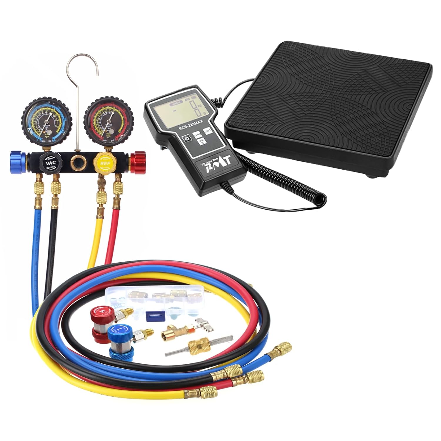 PB Motor Tech 220 LBS Refrigerant Charging Scale, with 4-Way AC Manifold Gauge Set for R22, R134A, R410A Refrigerants
