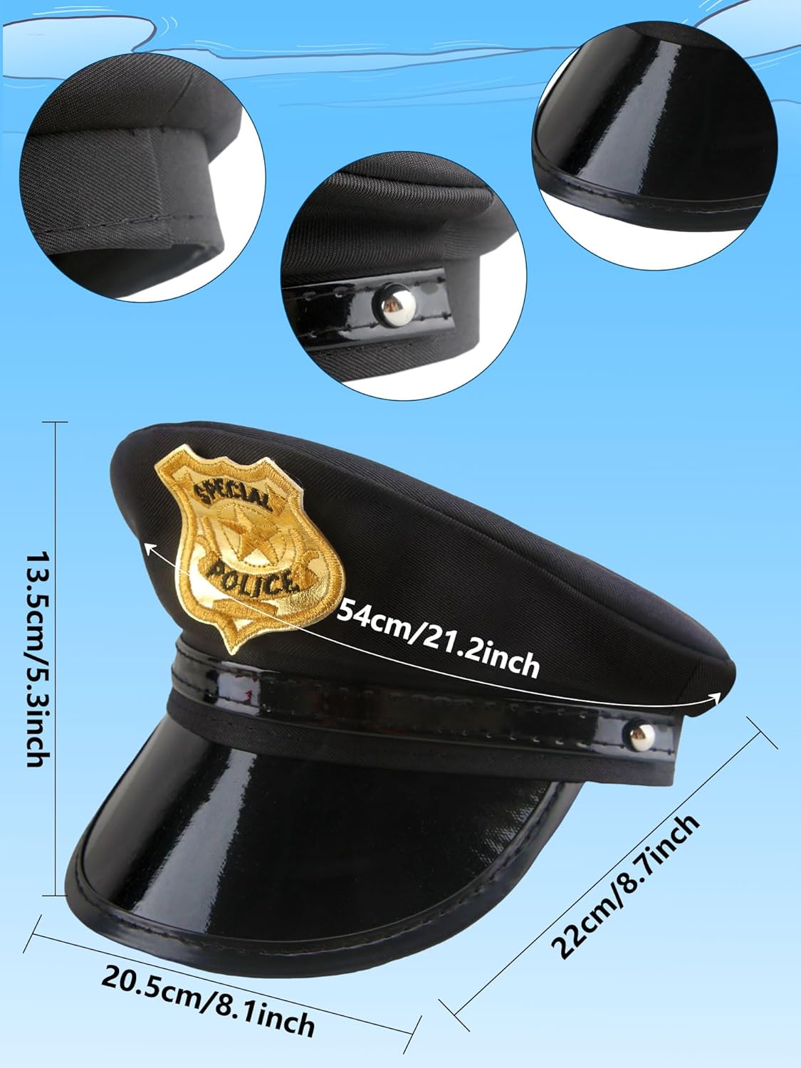 8 Pack Kids Police Hat Black Policeman Cop Hat Police Officer Hat for Boys Girls Halloween Party Costume Accessories