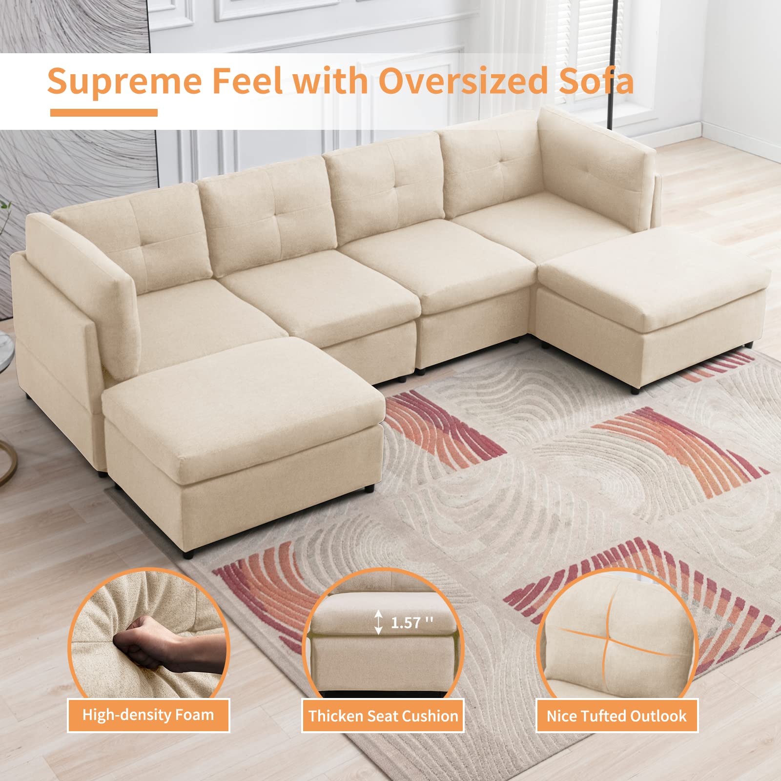 linor Modern U Shaped Convertible Sofa Couch,118'' Modular Sectional Sofa with Tufted Back Cushion, 6 Seat Oversized Sectionals Sofa Couch with Ottomans for Living Room (Linen,Beige) incomplete