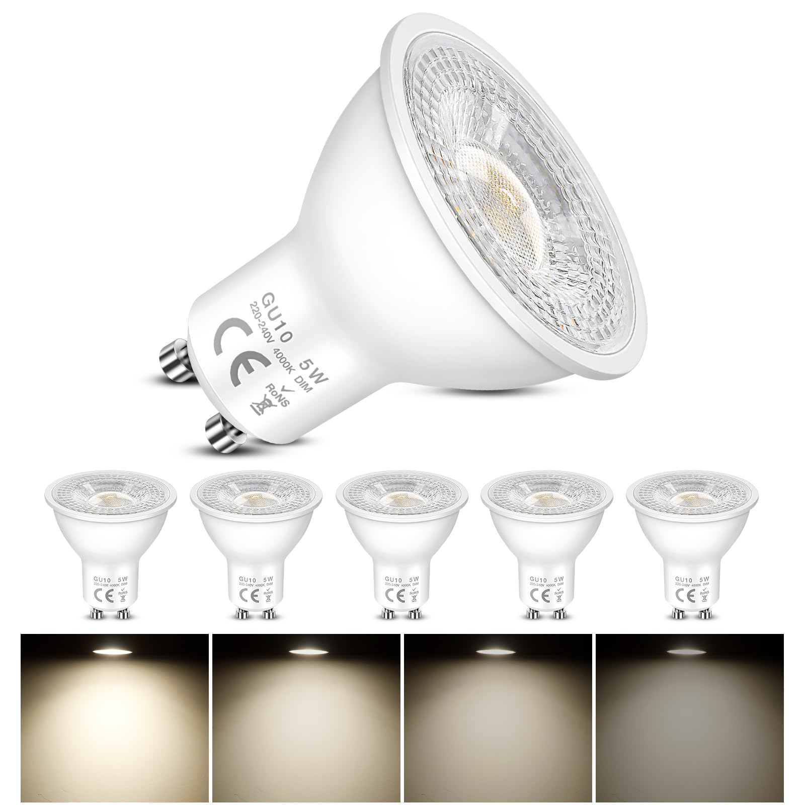 6 Pack GU10 LED Spot Bulbs Dimmable 5W, Replacement 50W Halogen Spotlight Bulb, 4000K Natural White, AC 220-240V, 120°Beam Angle, Energy Saving, MR16 Reflector Bulb for Hallway, Ceiling Spotlight