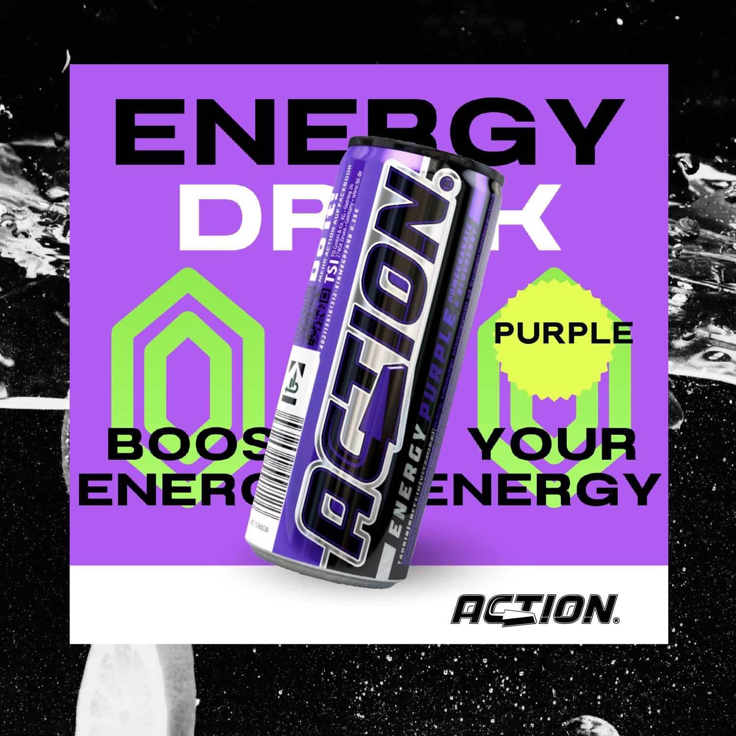 Action Energy Drink Purple (48 x 250 ml) incluye depósito – Refresco con sabor a granada y arándanos – patata energética con mayor contenido de cafeína 32 mg/100 ml cafeína rendimiento mejorado