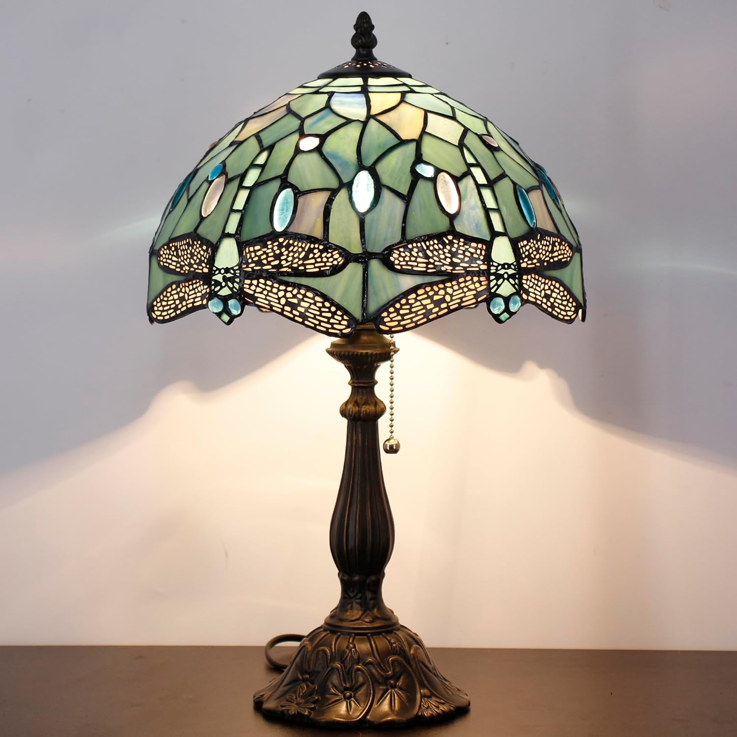 Tiffany Table Lamp Stained Glass Lamp 12X12X19 Inch Antique Reading Light (Sea Blue Dragonfly Style)