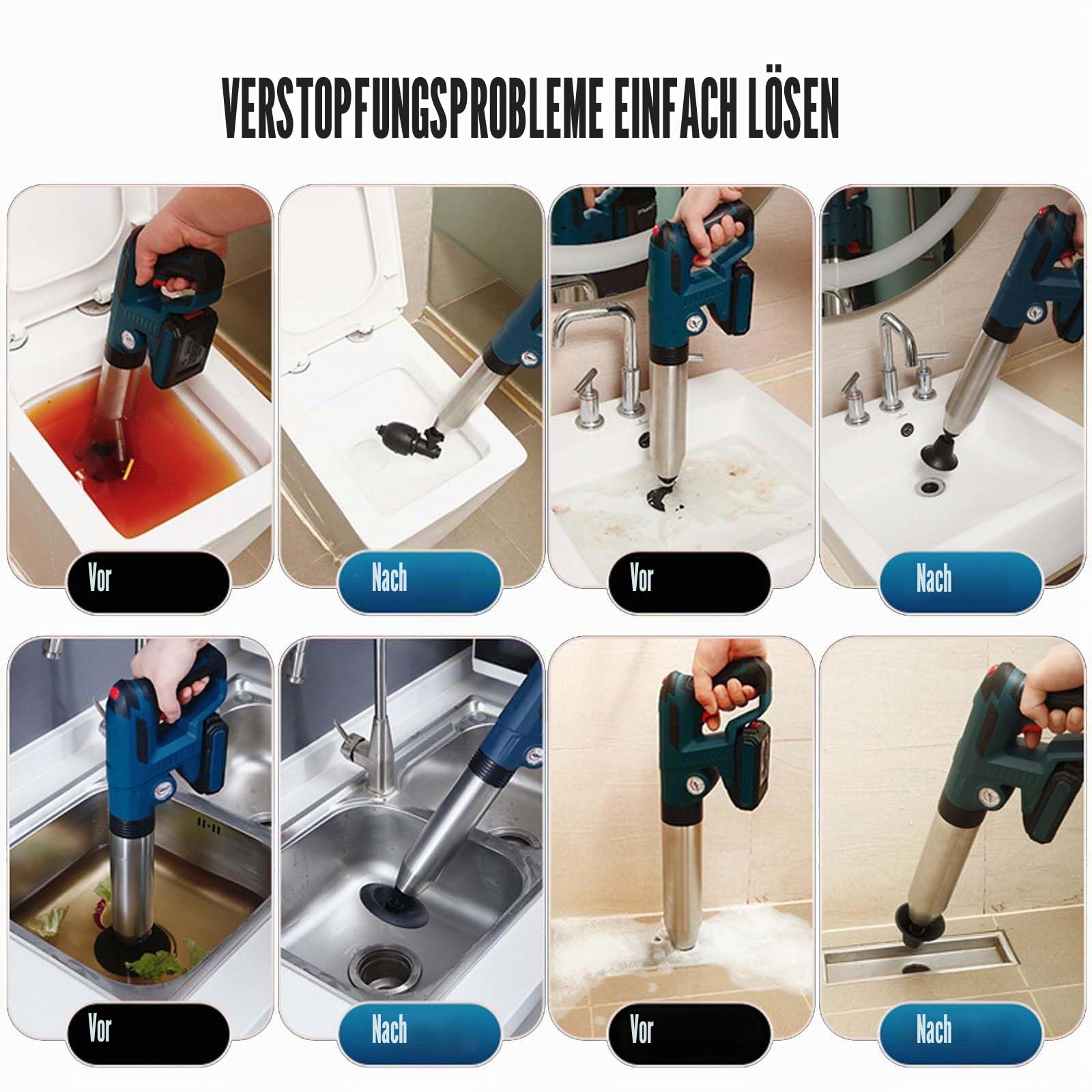 Elektrischer Toilettenkolben, Pressluft Rohrreiniger Toiletten Pömpel Edelstahl Toilettenkolben Kit mit Luftdruckanzeige und 4 Gummiadapter Abfluss Entblocker für Bad Küche Toiletten Bodenablauf