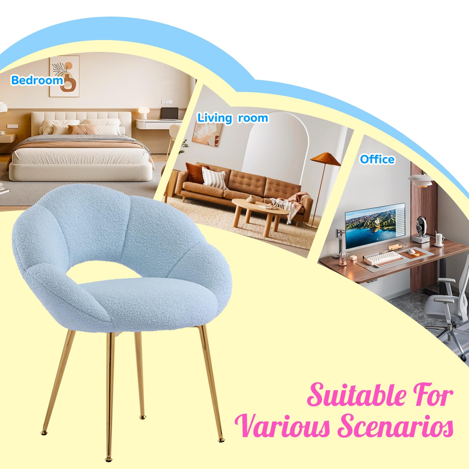 Sedia da toeletta in tessuto Teddy, poltrona relax e da lettura, a forma di fiore, poltrona lounge per studio, camera da letto, soggiorno, balcone (tessuto Teddy, azzurro)
