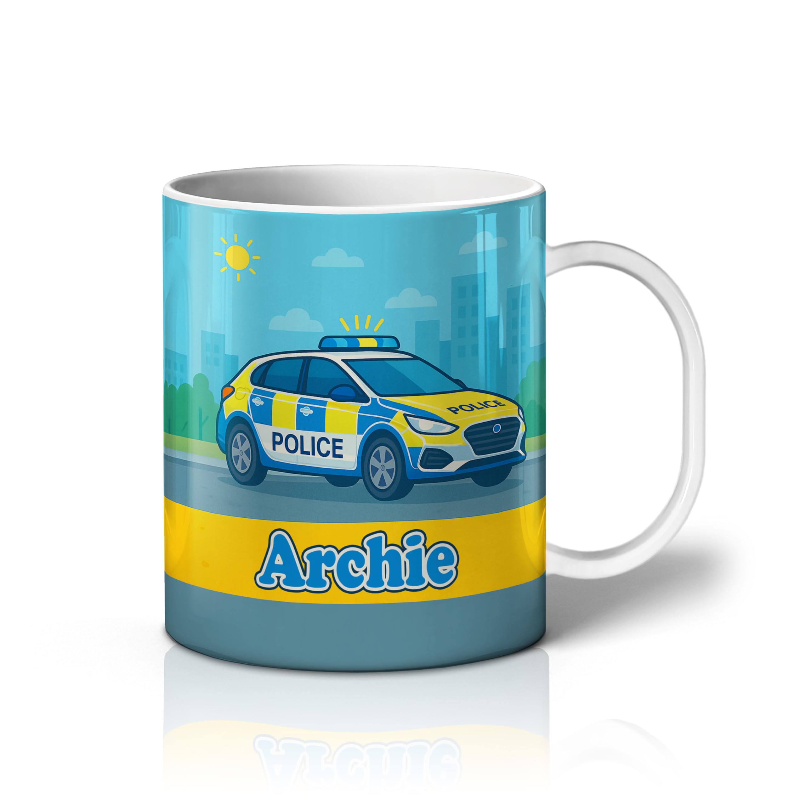 iCaseDesigner Personalised Children's Mug - Unbreakable Lightweight Polymer - Add Your Own Name - Vehicle Theme - Police Car — image 1