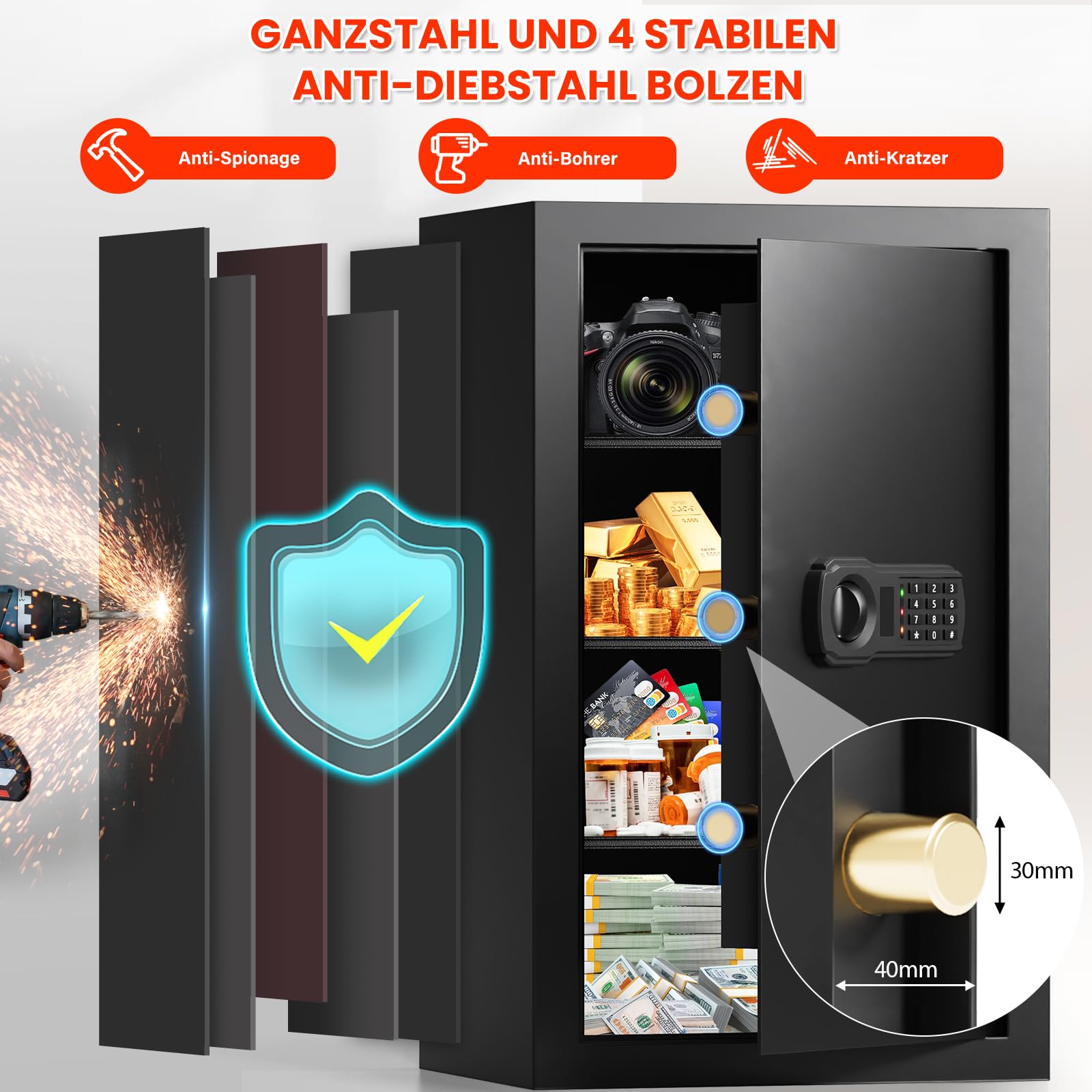 Cassaforte ignifuga da 85 l, con tasca portadocumenti ignifuga, cassaforte digitale con ripiano rimovibile, cassaforte per mobili, documenti oro, gioielli di valore