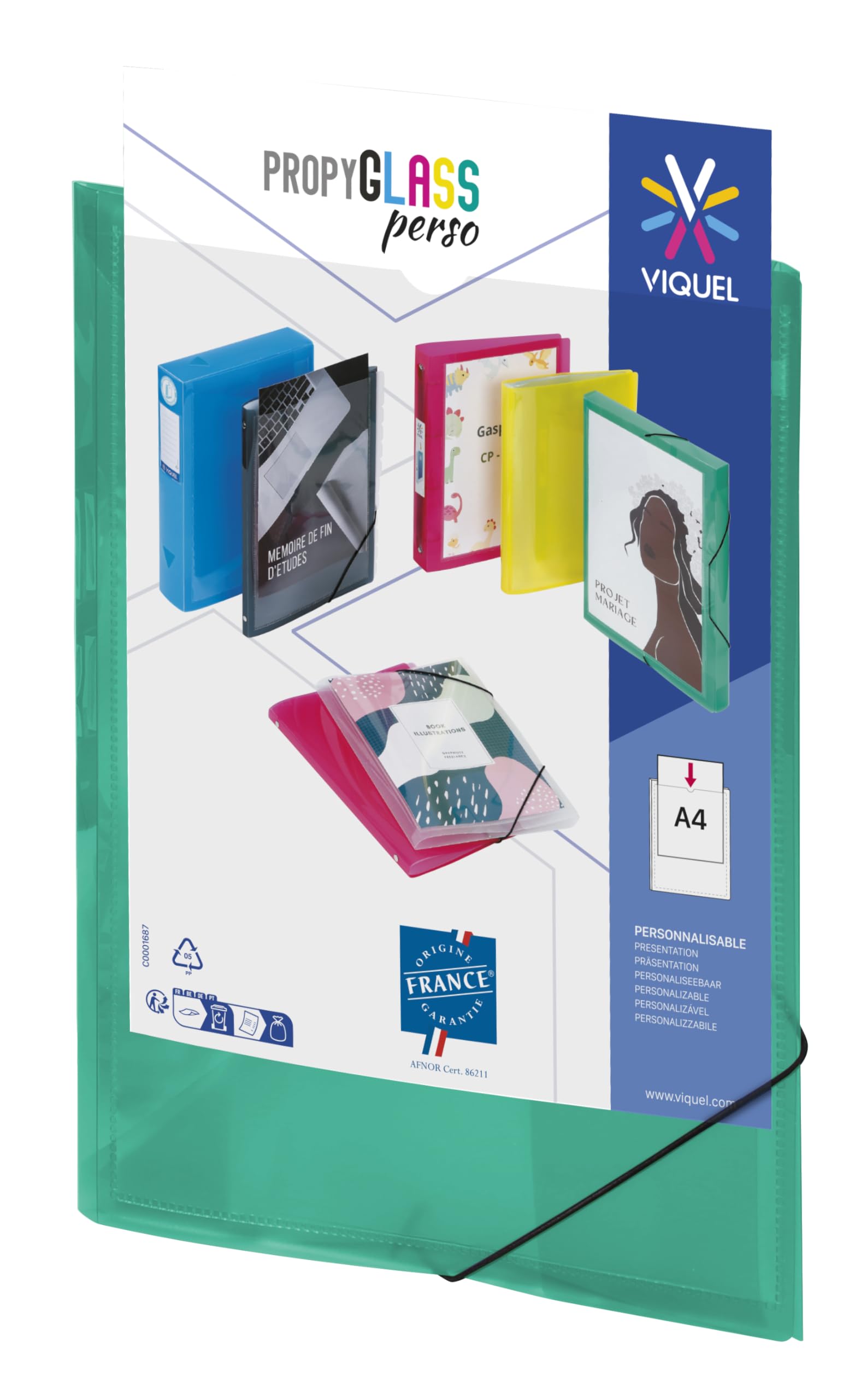 Viquel - Plastic Folder with Elastic - Customisable Pocket - A4 Size - - Made in France - Translucent Turquoise Green