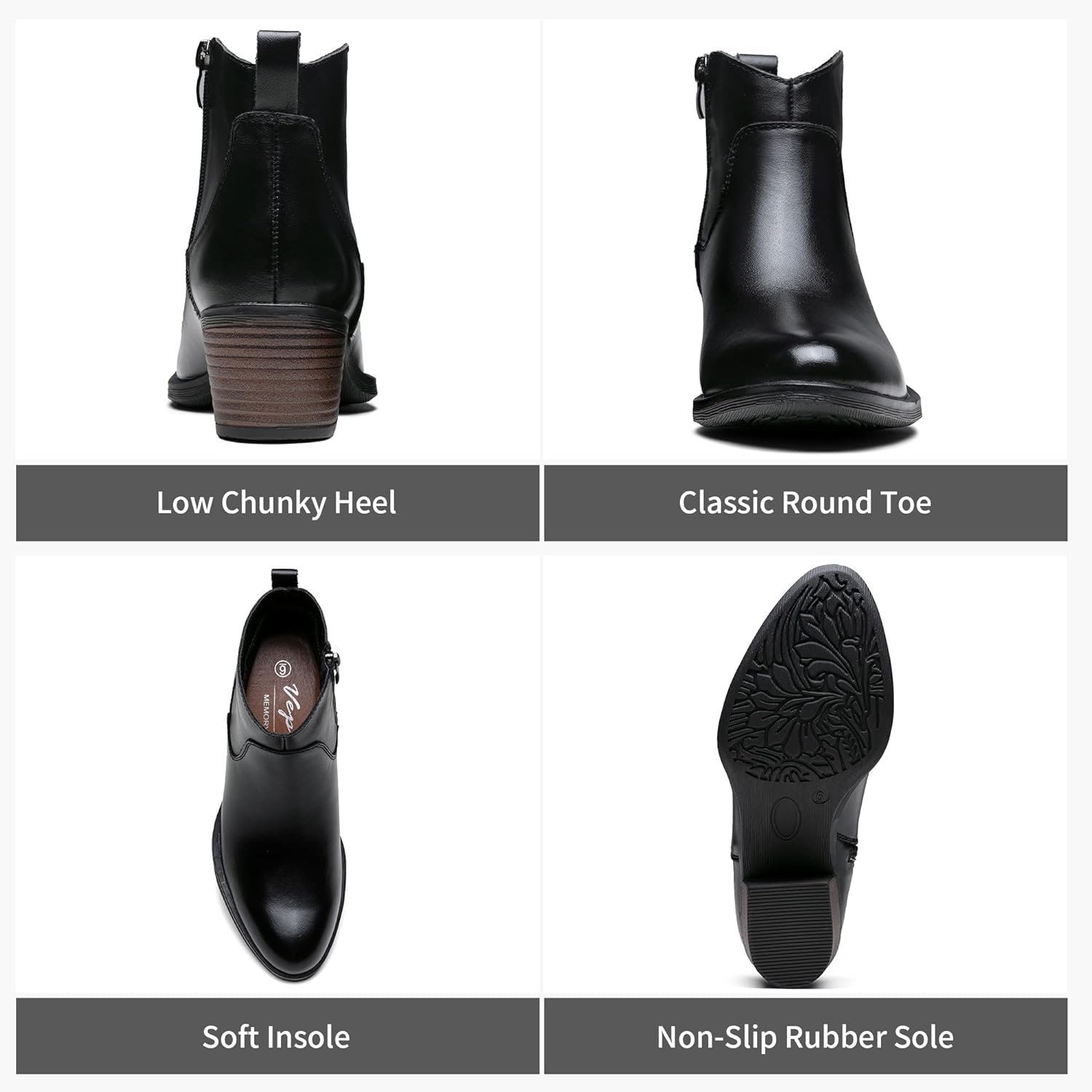 Vepose Women's Leather Ankle Boots, Low Heel Short Booties with Zipper