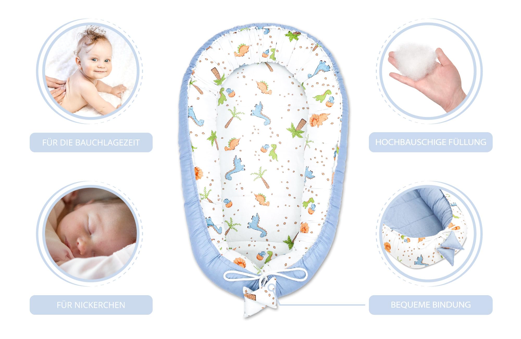 Riduttore lettino neonato - 90x50 cm baby nest trasportabile per neonati nido culla pod cocoonababy babynest antisoffoco Blu Di Dinosauro