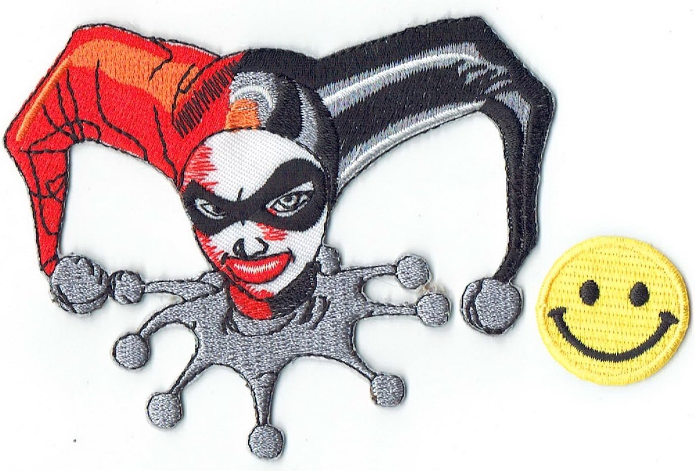 "Harley Quinn FACE Batman Villain Gotham Joker DC Comics" Applique Embroidered Iron on Patches with Yellow Tiny Smiley Patches by Patch Cube