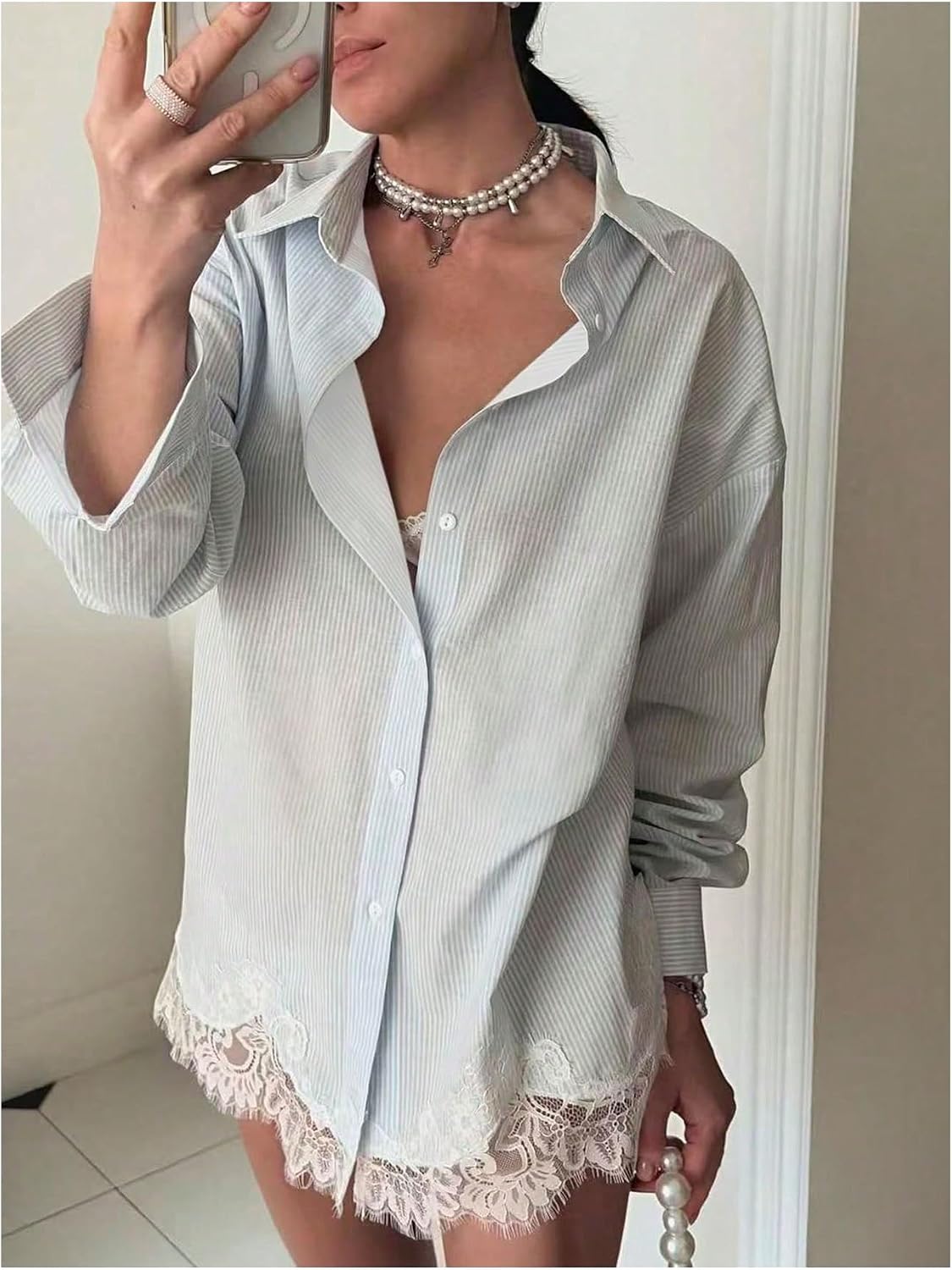 SOLY HUX Women's Striped Button Down Shirt Lace Long Sleeve Collared Casual Work Blouse Tops