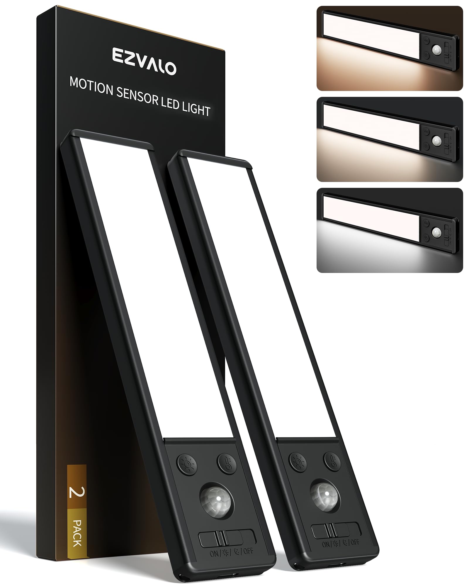 EZVALO Oświetlenie szafki LED 20 cm, 62 diody LED, bezprzewodowe, z czujnikiem ruchu, 2400 mAh, ładowane, 3 tryby kolorów, możliwość ściemniania, oświetlenie szafy, kuchni, czarne (2 sztuki)