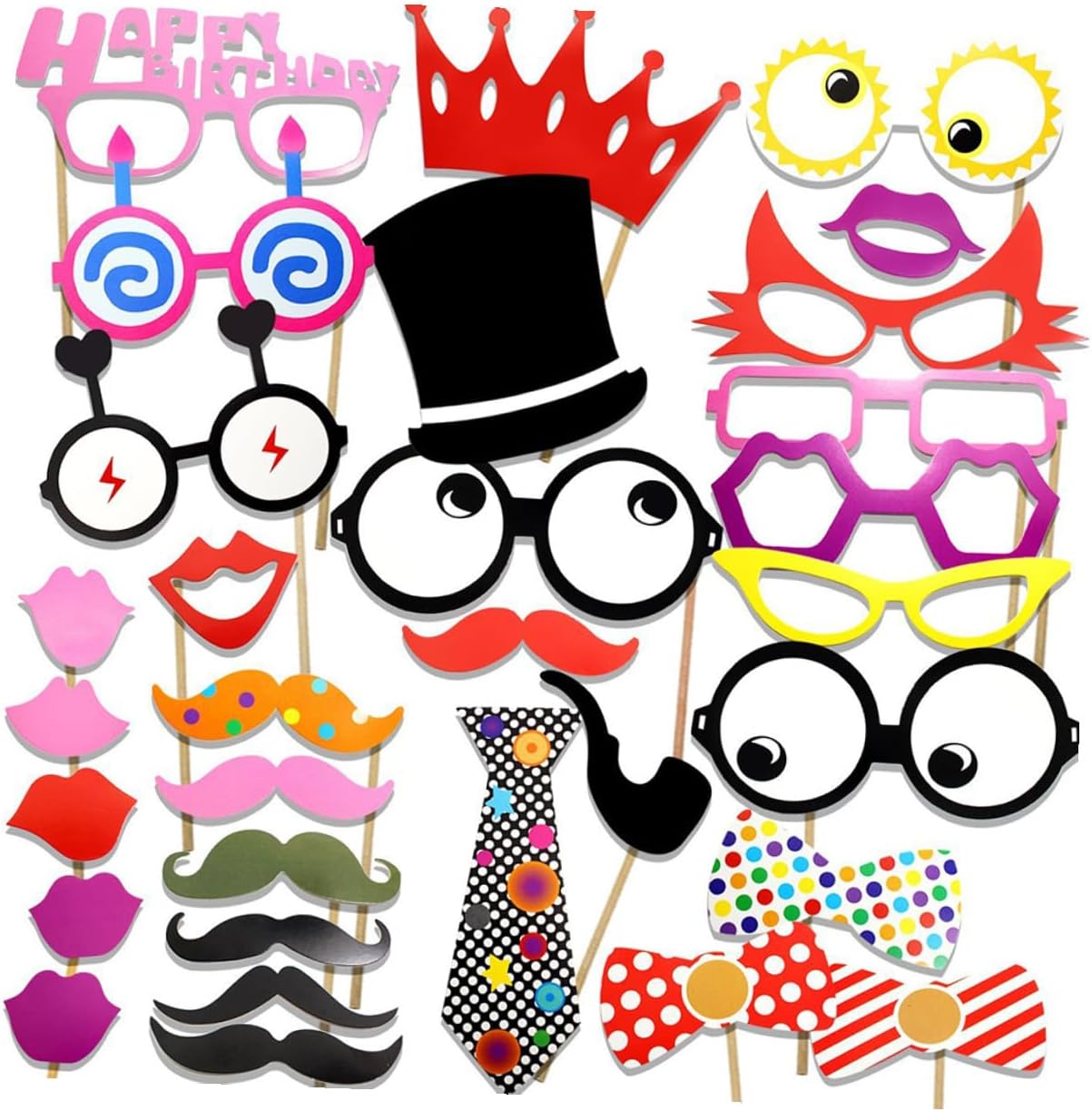BESPORTBLE Creative 62pcs Birthday Photo Props Kit with Mustache and Lips on Sticks, Beard and Glasses Photo Booth Accessories Set for Party Decorations and Selfie Posing