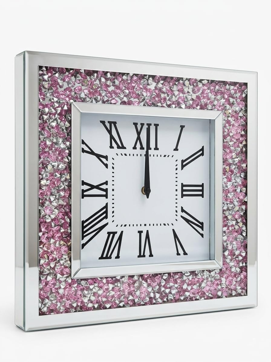 DEENZ Pink Silver Crystal Crushed Jewel Diamond Clock Wall Mounted Square Mirrored Frame Roman Numerals Nearly Silent Battery Powered 40Cm