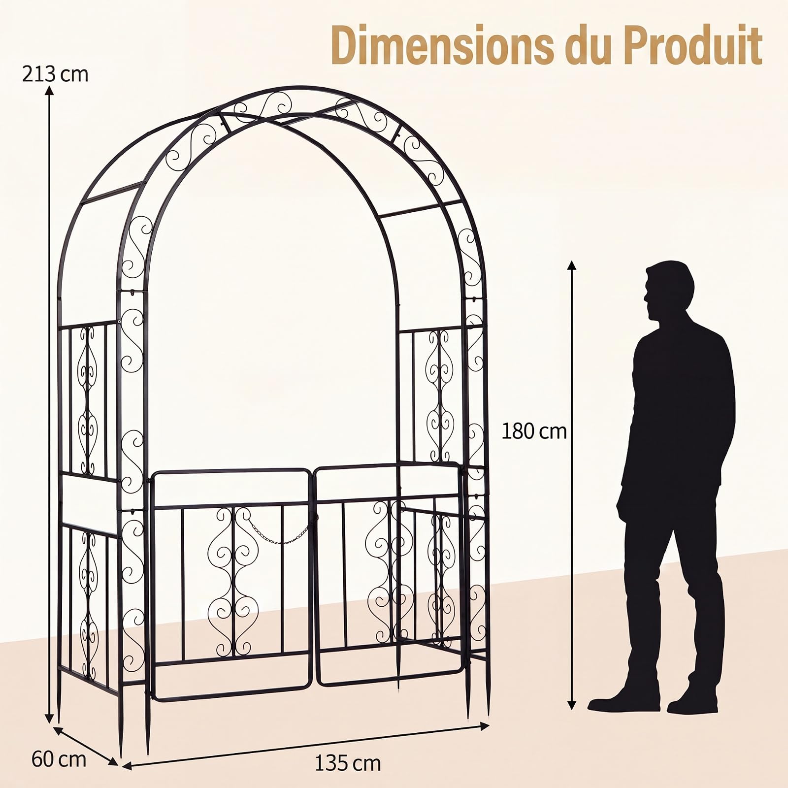 GYMAX Arche de Jardin Extérieure en Métal, Support pour Plantes Grimpantes | Double Portillon Verrouillable, pour Rosiers et Vignes, Décoration pour Pelouse Allée Mariage Fête, 135 x 60 x 213 cm