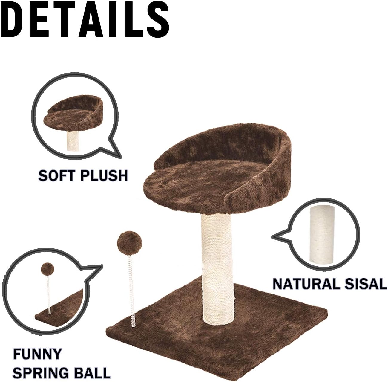 Poils bebe Cat Scratching Post and Activity Tree Natural Sisal Tower with Round Perch and Plush Ball Furniture Made for Kitten and Small Cat (Brown)