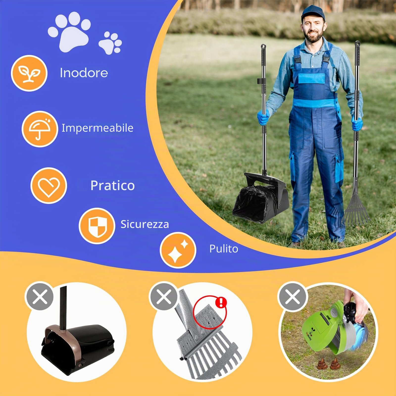 Set Paletta e Rastrello per Feci Cane con 20 Sacchetti – Paletta con Manico Lungo, Raccogli Escrementi per Giardino, Cortile, Esterni