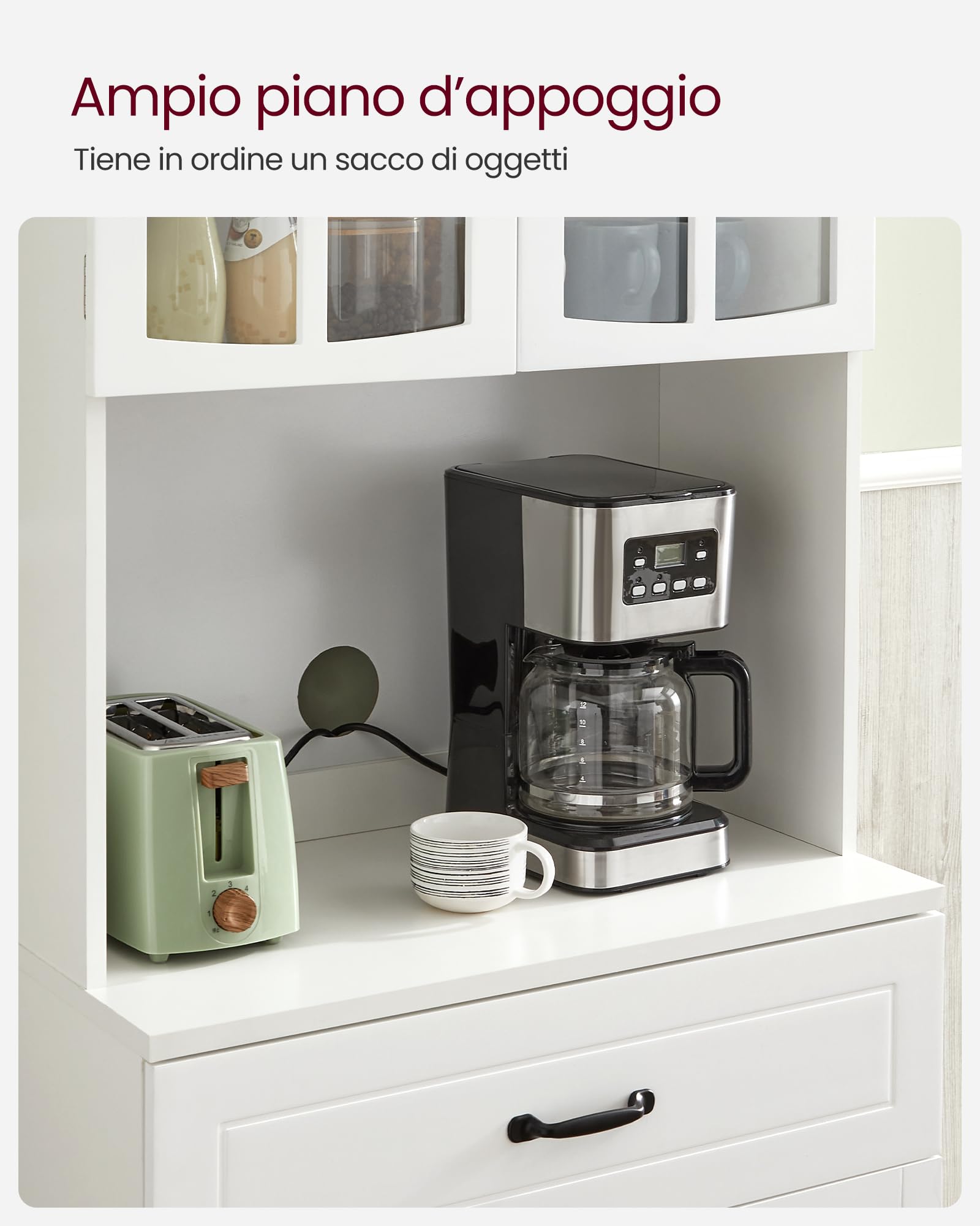 VASAGLE Credenza Alta Cucina, Dispensa Mobile da Cucina con Ante in Vetro e Ripiani Regolabili, Cassetto, Foro per Cavi, per Microonde, Stile Moderno, Bianco LSC361W21