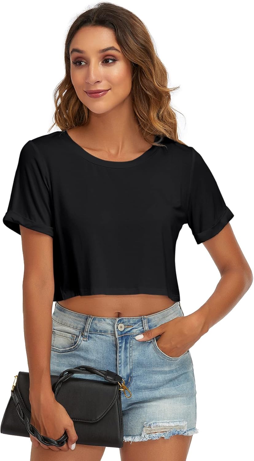 Womens Basic Summer Round Neck Crop Tops Loose Rolled Short Sleeve Solid Tee Shirt - Image 5