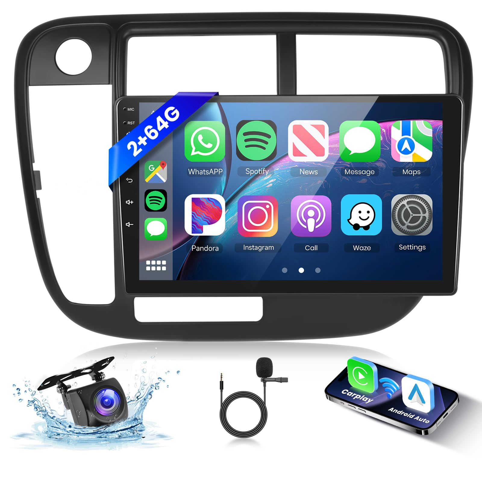 Hodozzy 2G 64G Android Car Stereo for Honda Civic 1996-2001 Radio Carplay Wireless Android Auto,9 inch Touch Screen with GPS/WiFi/Bluetooth, FM RDS, Mirror Link, Backup Camera Radio for Honda-image-39