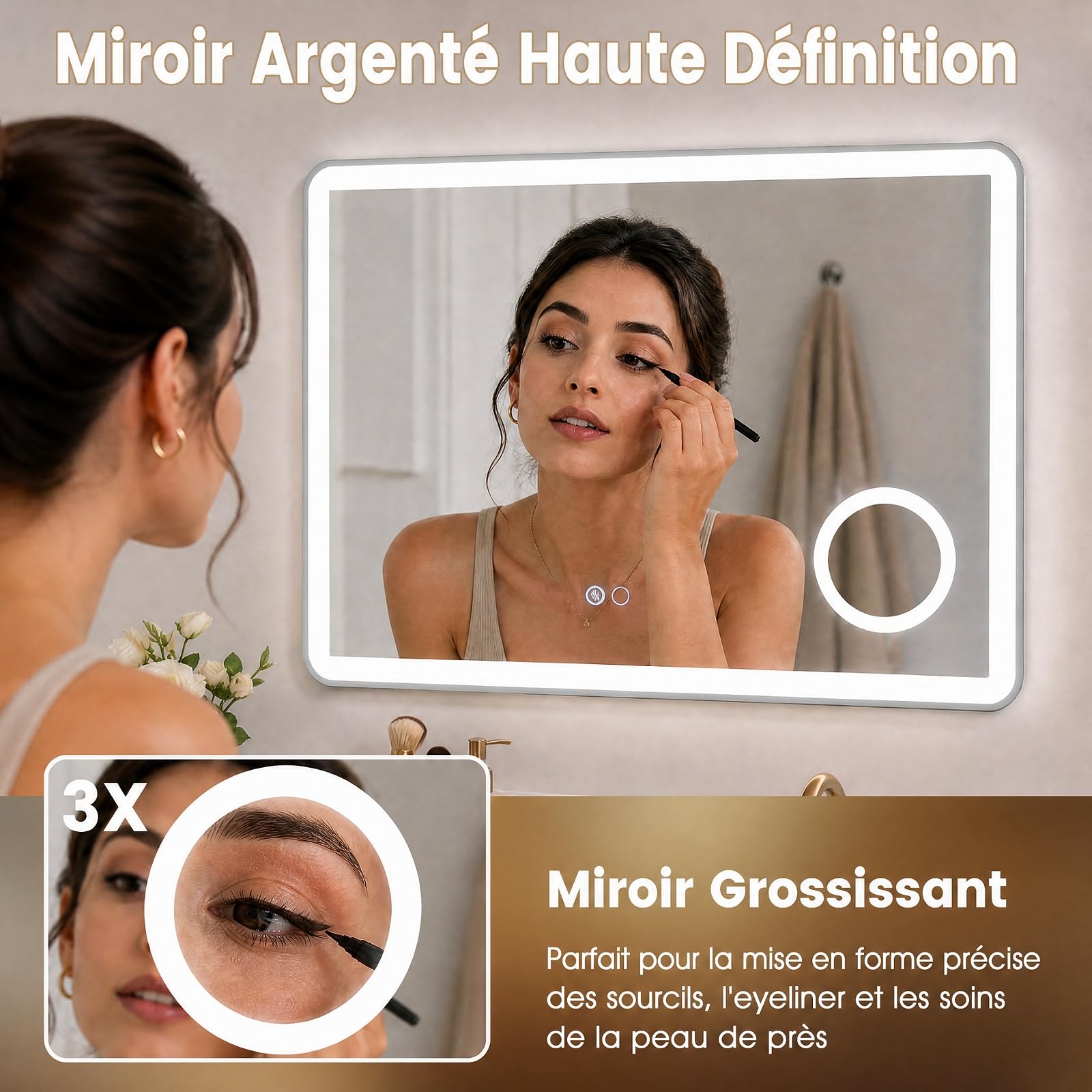 COSTWAY Miroir Salle de Bain avec Eclairage 80 x 60 cm, Grossissant 3X