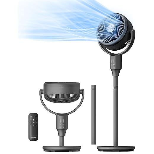 PELONIS Pedestal Fan, Air Circulator, Ultra OmniFlow (135°+90°Auto Oscillation), Quiet Floor Fan with 3 Speeds, Remote, 7H Timer, Memory Function, Adjustable Height, Standing Fan for Bedroom