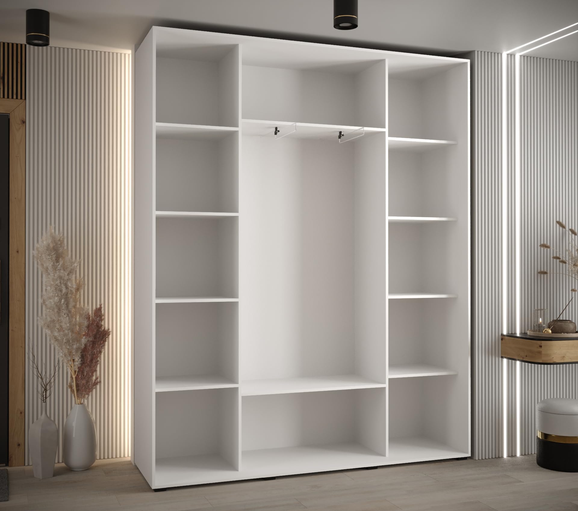 ABIKSMEBLE Davos 5 190 Armario Correderas Tres para Dormitorio - Armario Moderno con Espejo, Barra y Estantes - 235,2x190x45 cmBlanco Blanco Plateado