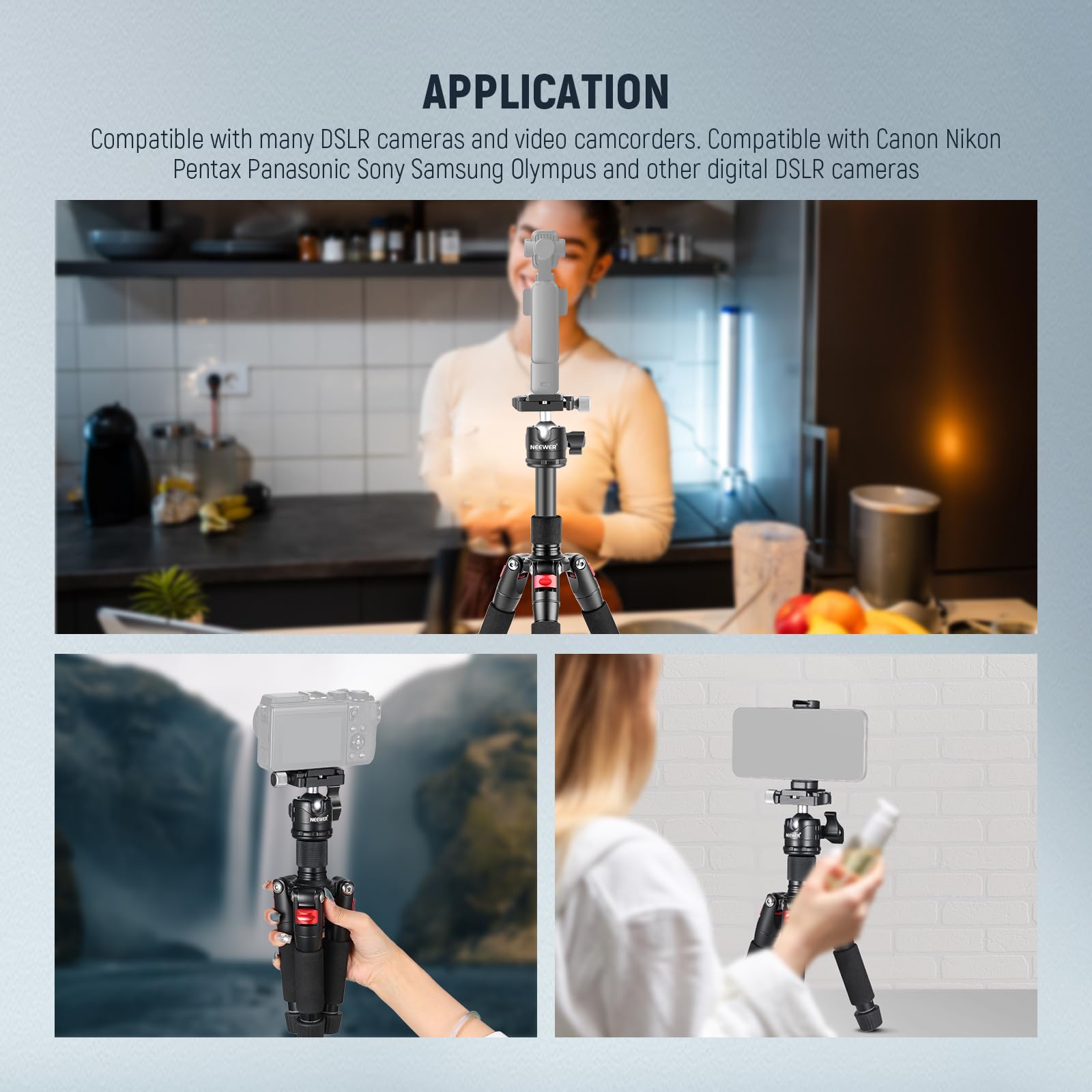 NEEWER Mini statyw do kamery biurkowej z uchwytem na telefon komórkowy, kompatybilny z iPhone'em do nagrywania wideo, mały, przenośny stojak na kamerę DSLR, głowica kulowa 360°, płyta QR 1/10.2 cm