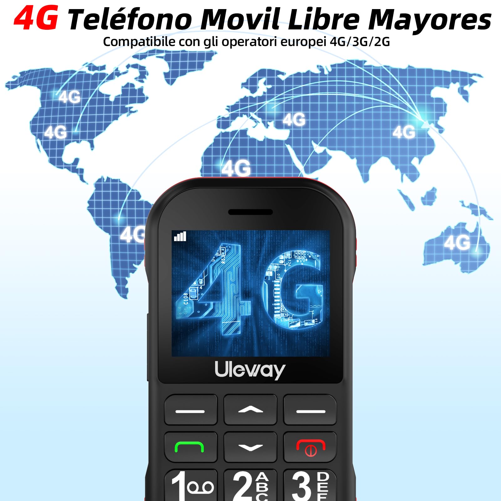 CHAKEYAKE Móvil para Personas Mayores 4G Libre con Teclas Grandes, Batería 1800mAh Larga Duración, USB-C, Función SOS, Linterna, Base de Carga, Negro