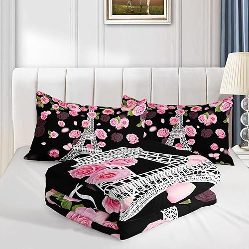 Miniatura 6 de Juego de edredón de la Torre Eiffel, tamaño matrimonial, juego de ropa de cama de París rosa rosa para niñas, decoración temática romántica, juego