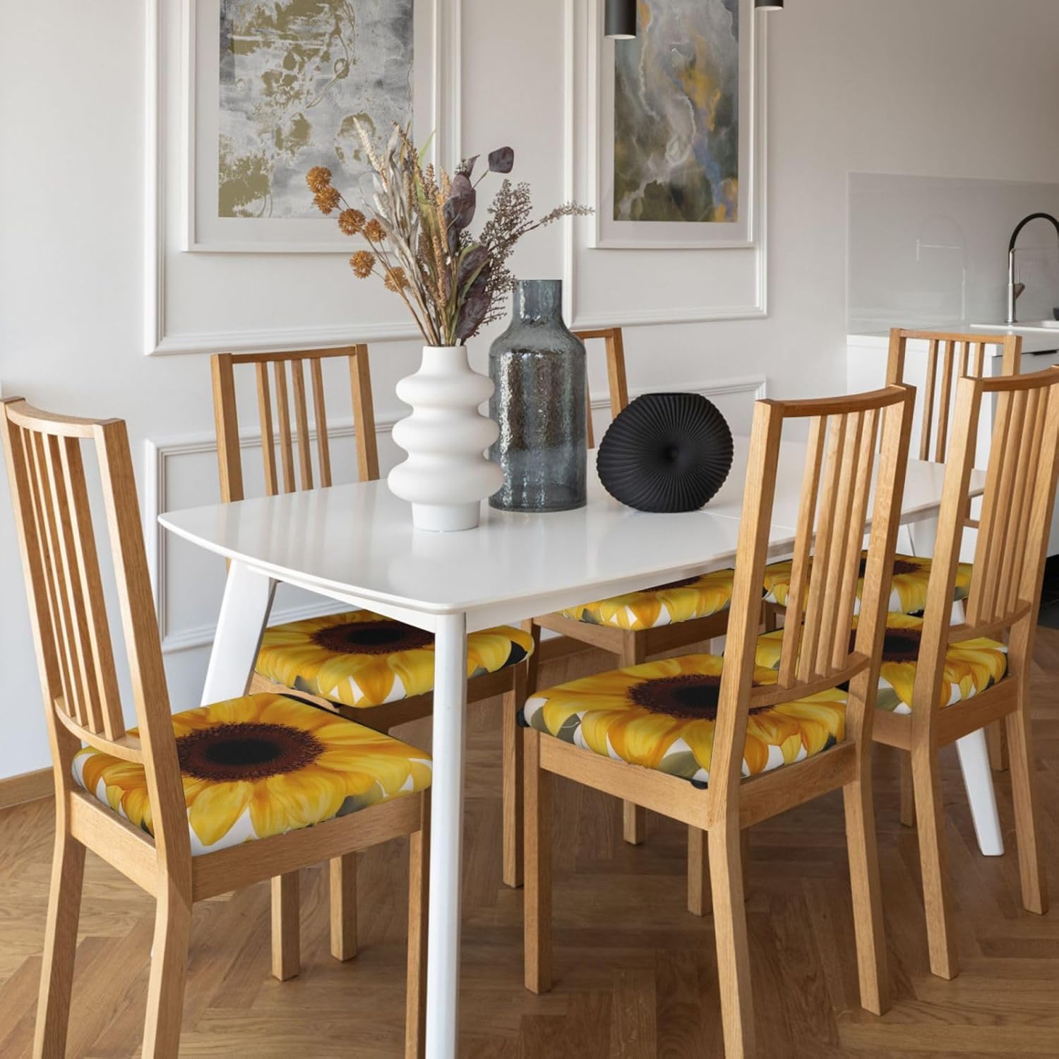 Fresh Sunflower Print Square Cushion Covers 6 Pcs Set Elastic Non-Slip Seat Cushion Slipcovers Pet Furniture Protectors for Chair, Sofa